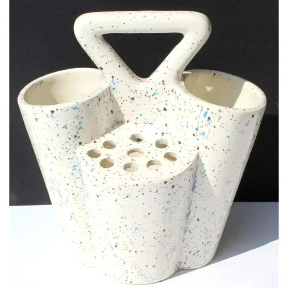 Vintage MCM 1980s Bud Vase Utensil Holder Glazed Splatter Ware 4 Sided White - Picture 1 of 3